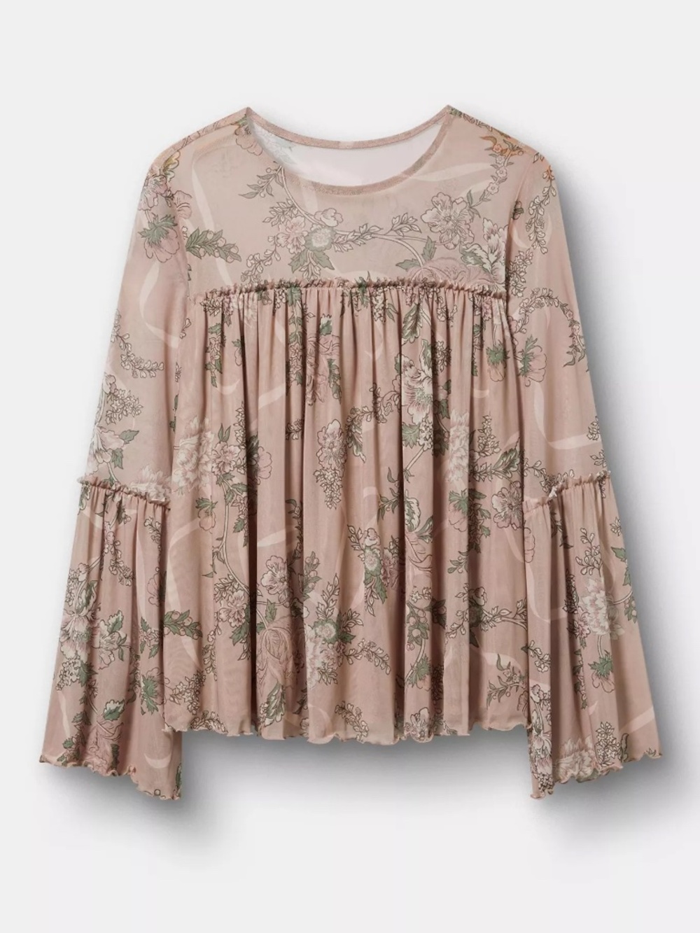 Torrid Top 4X Mesh Long Bell Sleeves Ruffle Crew Plus Size Boho Tan/Pink Blouse